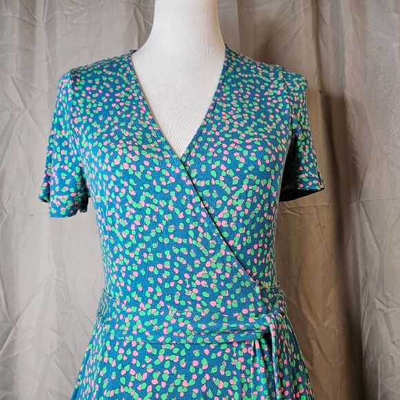 Boden Cassia Teal Speckle V-Neck Short Sleeve Jersey Knit Fit & Flare Wrap Dress - Picture 1 of 15